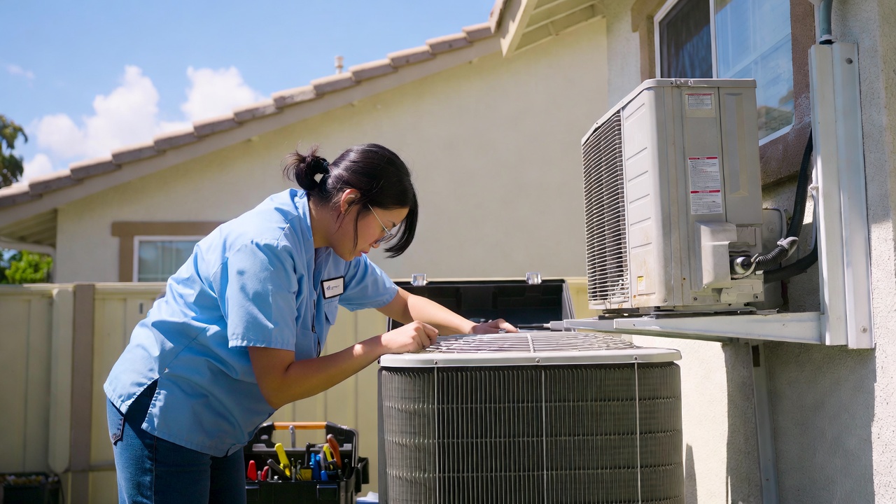 California AC repair technician replacing parts inside outdoor condenser unit 2026