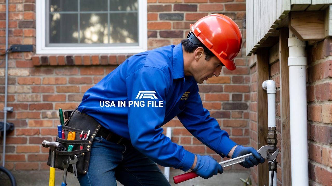 Plumber wearing orange hard hat and blue uniform fixing outdoor plumbing on brick house USA 2026