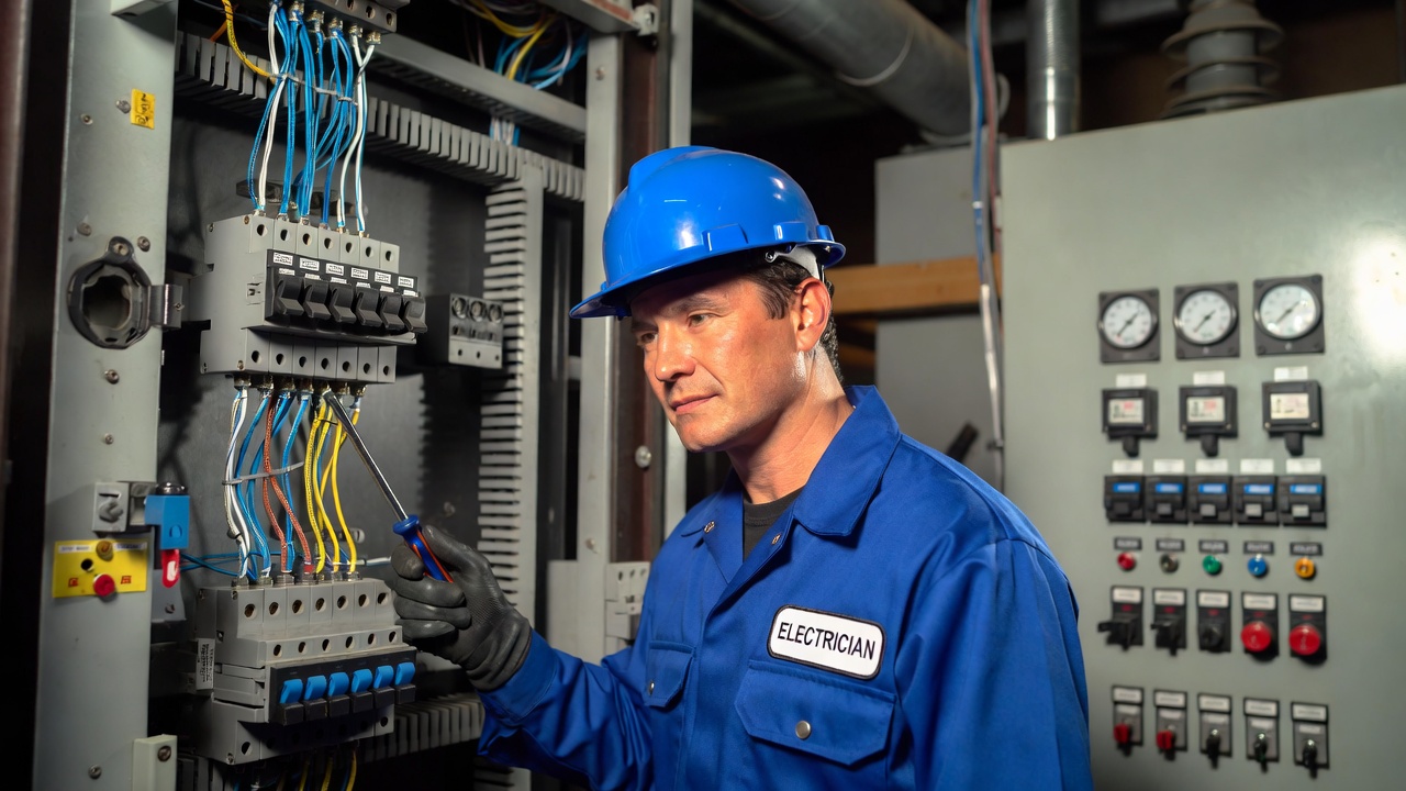 Licensed electrician working on residential electrical panel in USA home 2026