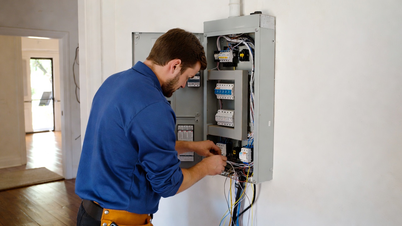 Electrician checking wiring inside residential electrical box USA 2026
