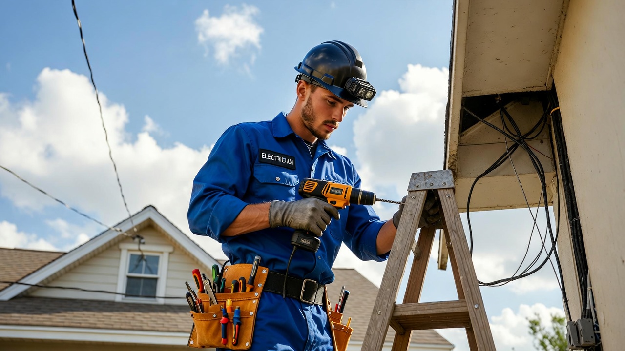 Electrician installing new ceiling fan in USA home 2026