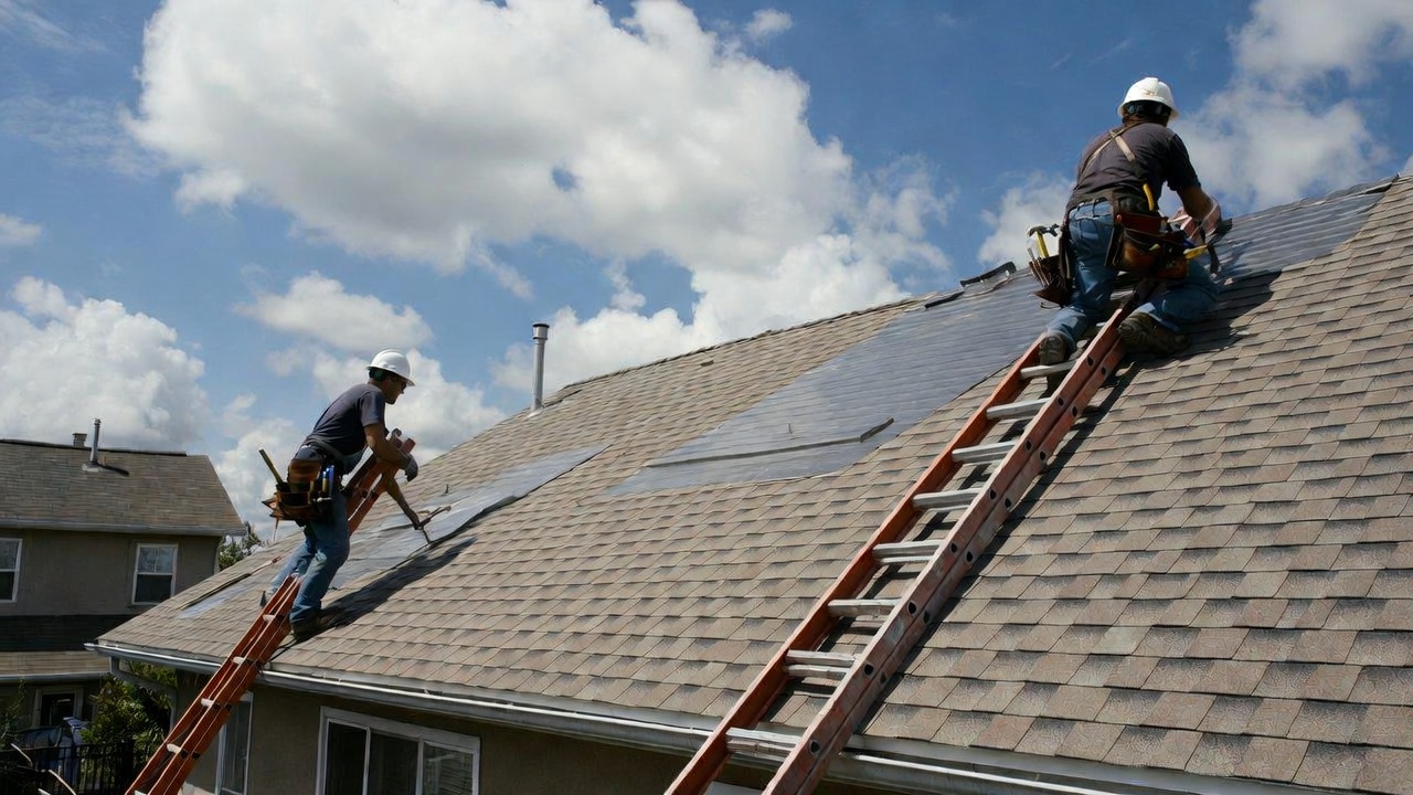 Two professional Texas roofing contractors installing new underlayment and shingles during roof repair 2026