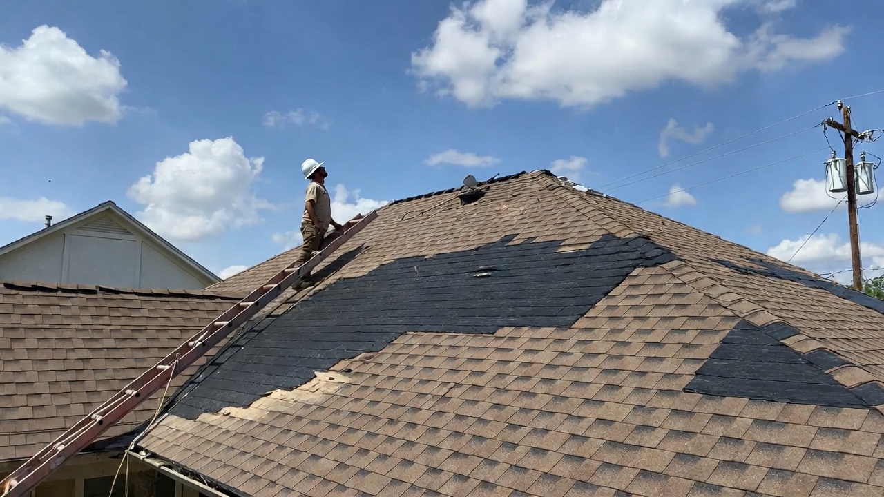 Texas roofing repair project showing new shingles being installed on residential home 2026