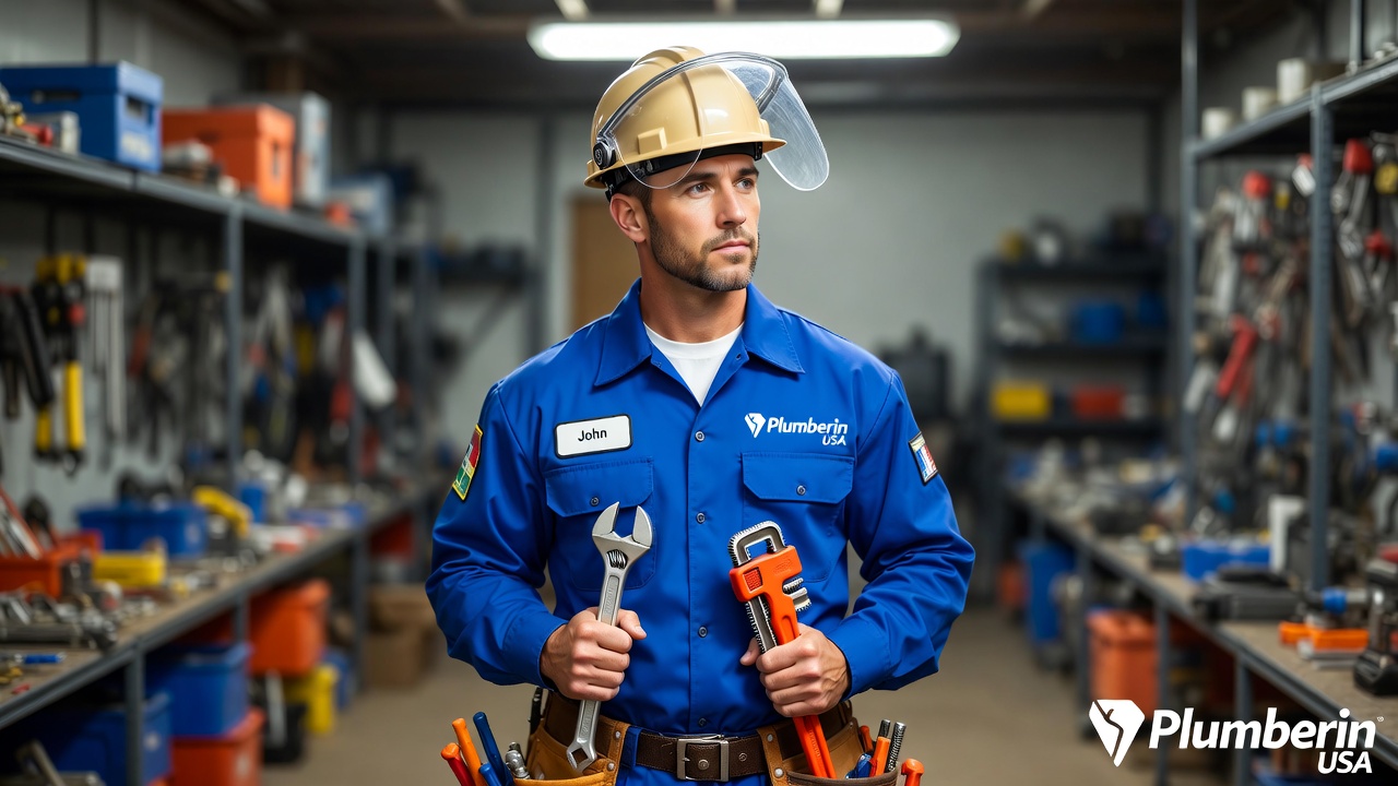 Professional plumber in hard hat and blue uniform standing ready for residential service call USA 2026