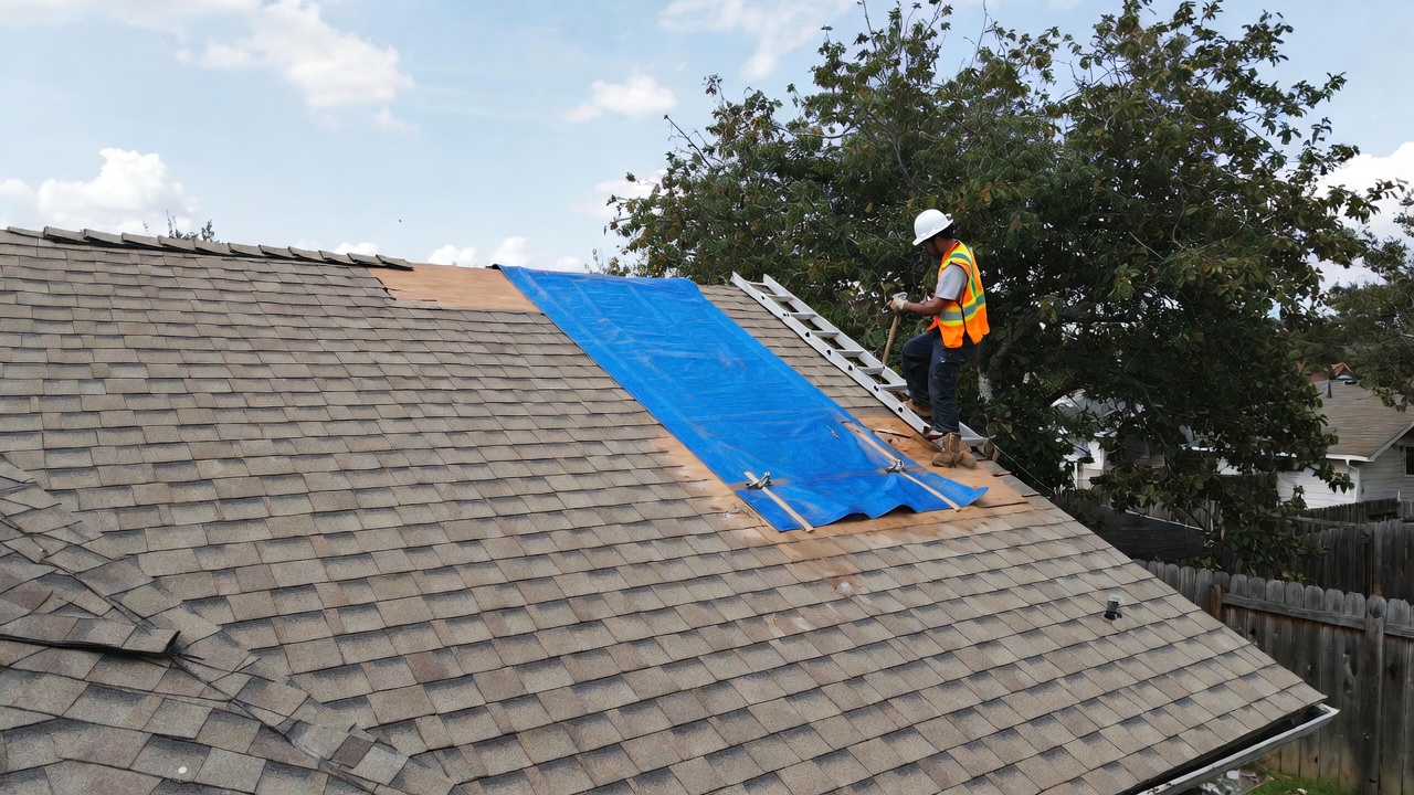 Texas homeowner and roofing contractor discussing roof repair cost and options on site 2026