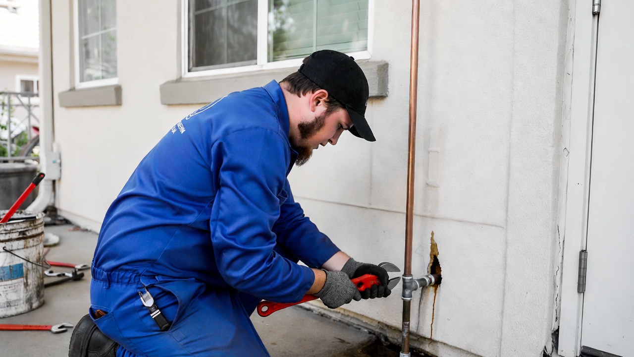 Plumber in blue uniform and black cap fixing outdoor pipe leak on house exterior USA 2026