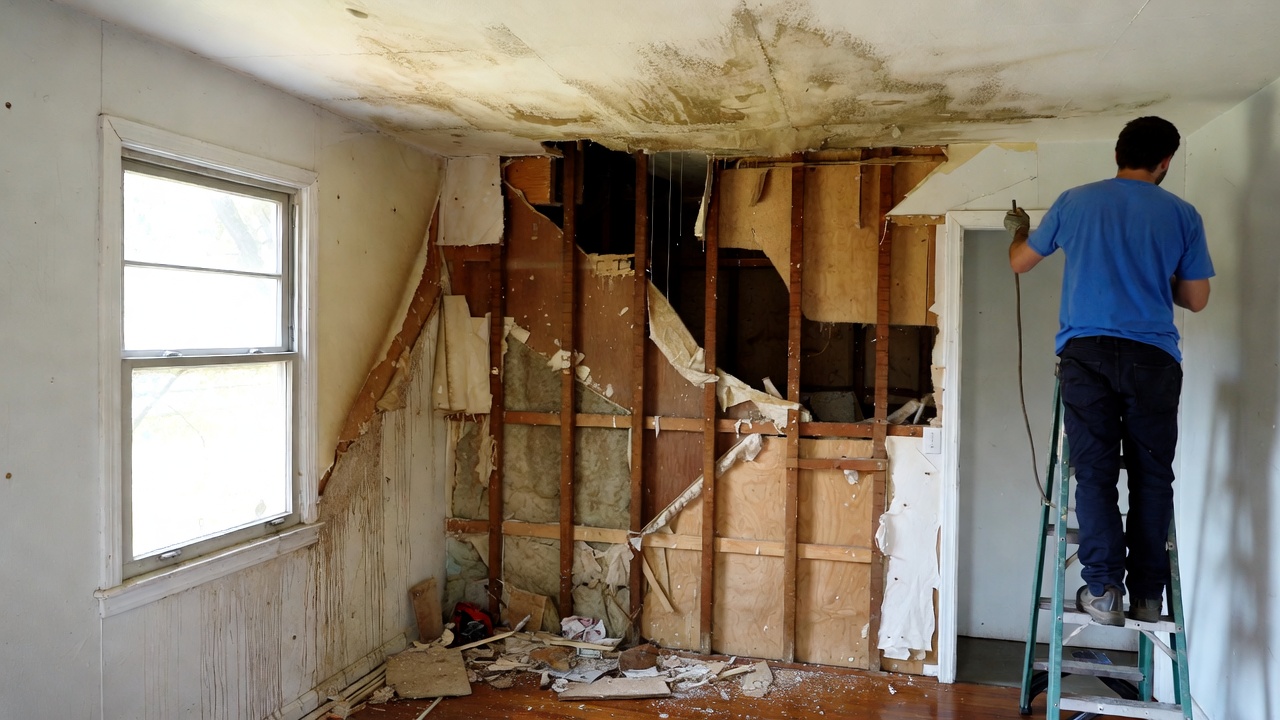 Water damage restoration crew using industrial drying equipment in flooded home USA 2026