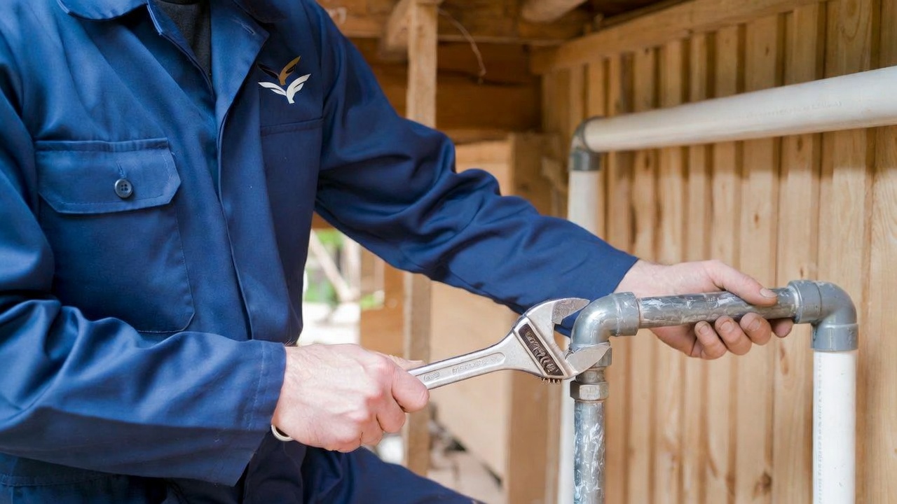 Plumber in blue uniform using wrench to fix leaking pipes on residential property USA 2026